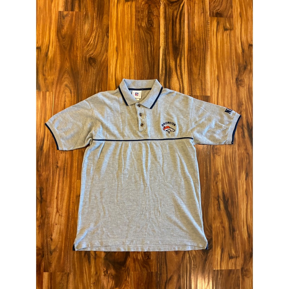 Vintage NFL Denver Broncos Polo Shirt Gray Short Sleeve Embroidered Logo Mens M